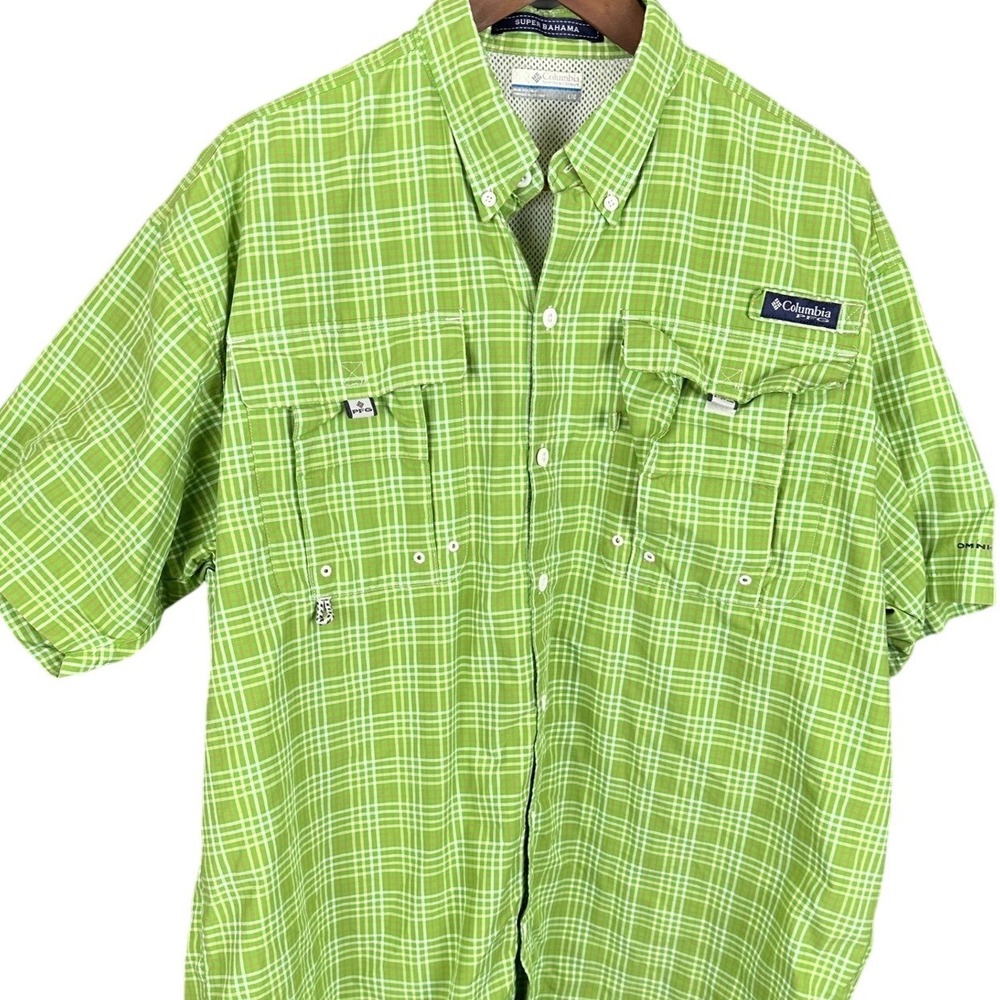 Columbia Super Bahama Plaid Short Sleeve Fishing Shirt Mens L/G Green PFG